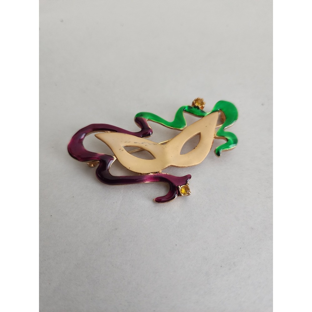 Vintage Mardi Gras Masquerade Mask Brooch Purple Green Enamel Gold Tone Pin